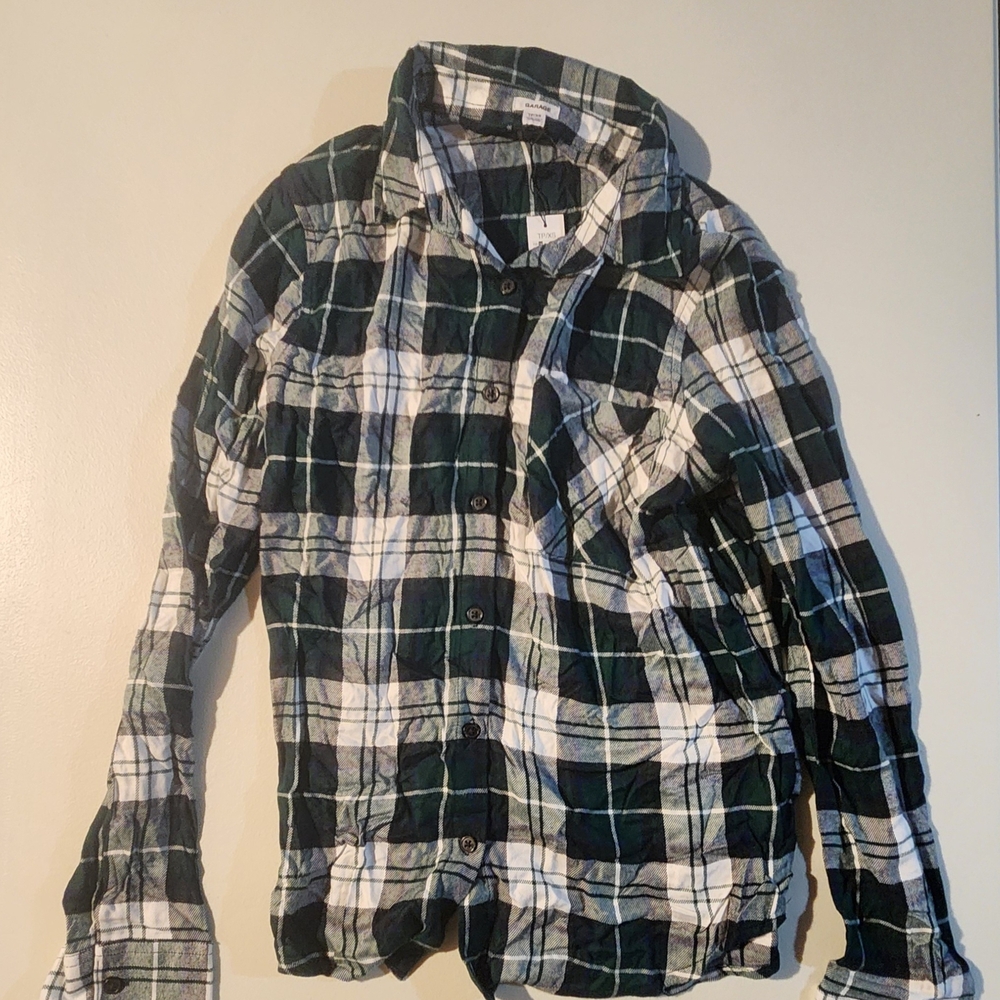 Garage Men's Dark Green and White Plaid Shirt